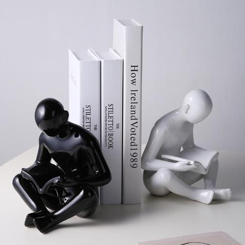 Ceramic Bookend | Stylized Figure of Man Reading, White, Black, and Gold Design