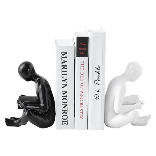 Ceramic Bookend | Stylized Figure of Man Reading, White, Black, and Gold Design