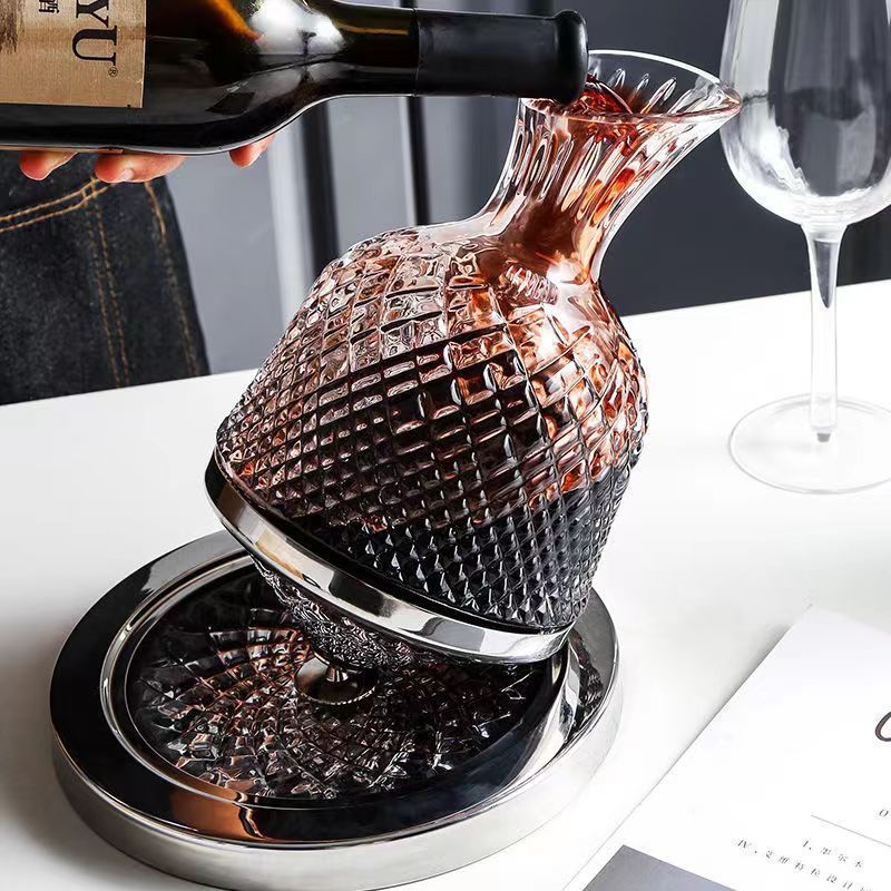 Elegant Glass Gyro Wine Decanter with Choice of Silver/Gold Finish