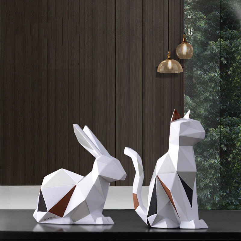 "Geometric Animal Sculptures | Modern Resin Rabbit and Cat Figurines for Home Decor"