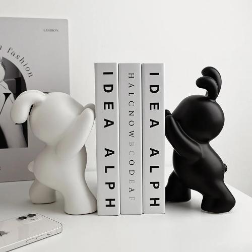 Push Rabbit Ceramic Bookend | Modern Animal Sculptures in Black, White, and Silver