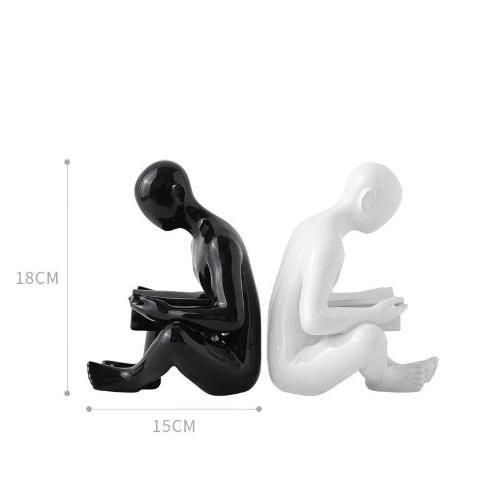 Ceramic Bookend | Stylized Figure of Man Reading, White, Black, and Gold Design