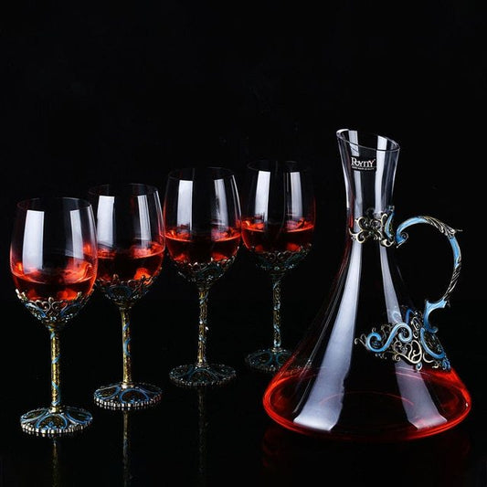 "Elegant Glass Decanter Set with Decorated Wine Glasses | Perfect for Special Occasions"