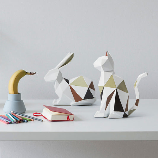 "Geometric Animal Sculptures | Modern Resin Rabbit and Cat Figurines for Home Decor"