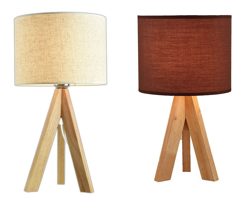 Table Lamp with Beige and Brown Linen Shade and Solid Wood Base, Simple and Elegant Lines