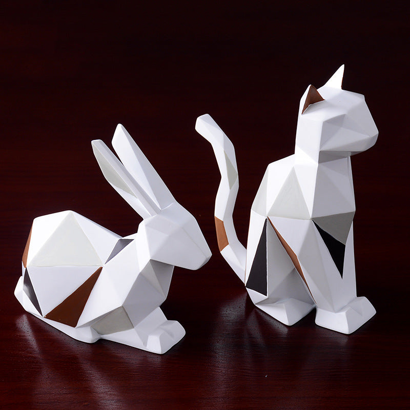 "Geometric Animal Sculptures | Modern Resin Rabbit and Cat Figurines for Home Decor"