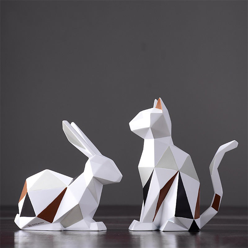 "Geometric Animal Sculptures | Modern Resin Rabbit and Cat Figurines for Home Decor"