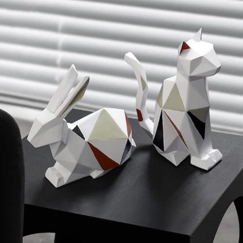 "Geometric Animal Sculptures | Modern Resin Rabbit and Cat Figurines for Home Decor"