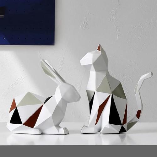 "Geometric Animal Sculptures | Modern Resin Rabbit and Cat Figurines for Home Decor"