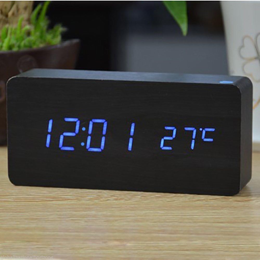 Stylish LED Wood Alarm Clock with Calendar – Modern Rectangular Display