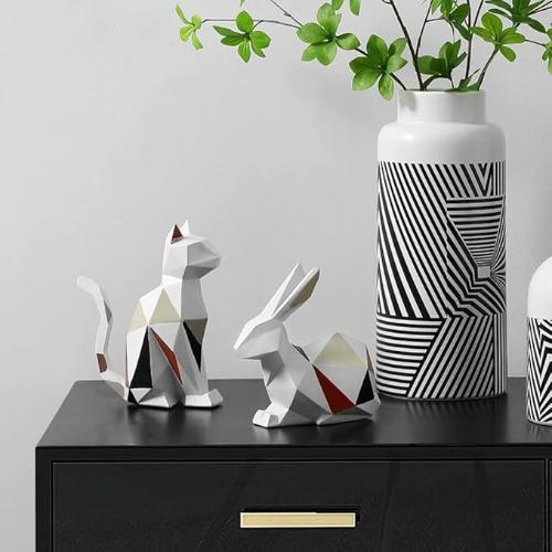 "Geometric Animal Sculptures | Modern Resin Rabbit and Cat Figurines for Home Decor"