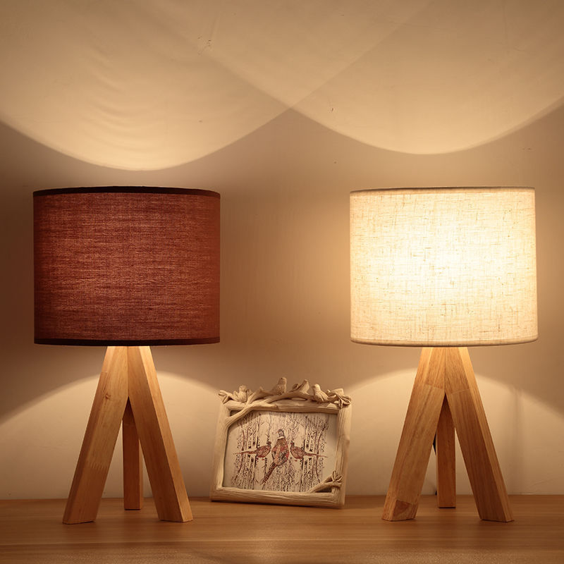 Table Lamp with Beige and Brown Linen Shade and Solid Wood Base, Simple and Elegant Lines