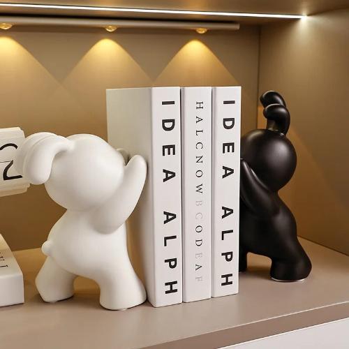 Push Rabbit Ceramic Bookend | Modern Animal Sculptures in Black, White, and Silver