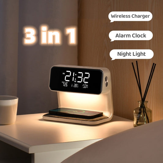 Cargador inalámbrico 3 en 1, reloj despertador y lámpara de escritorio
