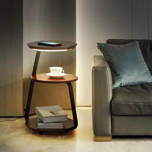 Coffee Table with Integrated LED Lamp, Scandinavian Style, Wood and Iron