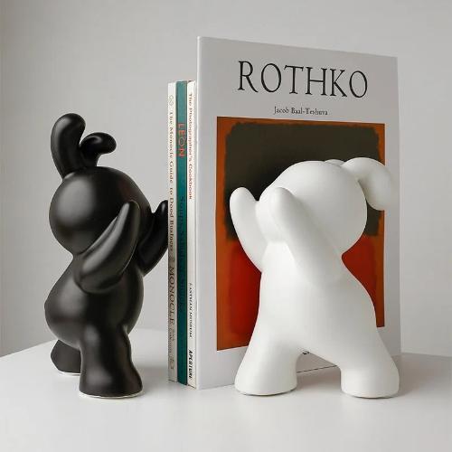 Push Rabbit Ceramic Bookend | Modern Animal Sculptures in Black, White, and Silver